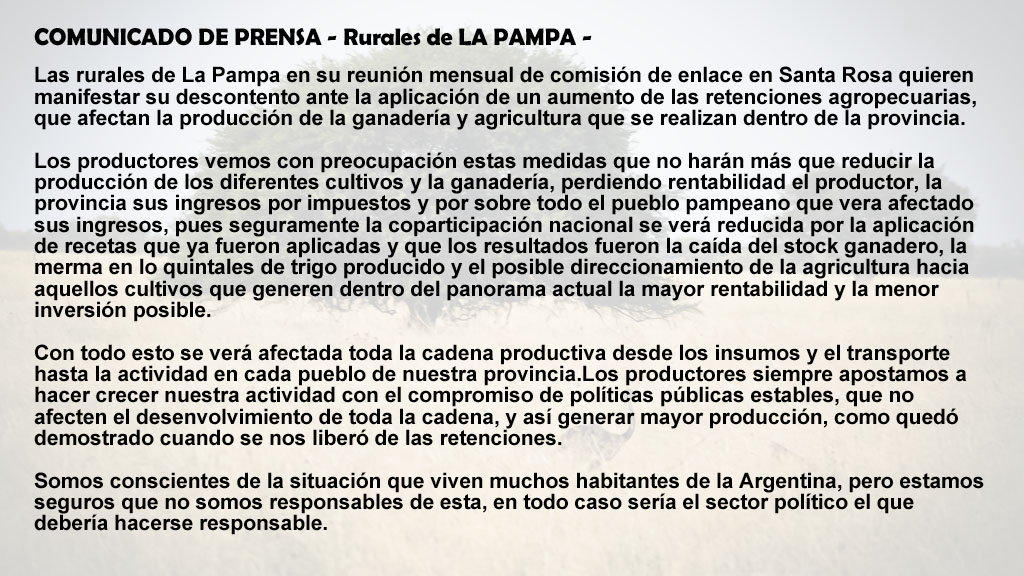 Descontento: Las Rurales de La Pampa manifestaron su posición