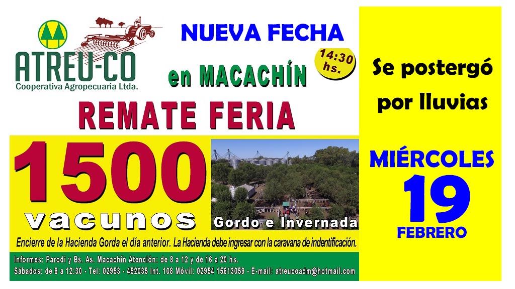 Por lluvias: Postergan para el Miércoles 19 remate en Macachín