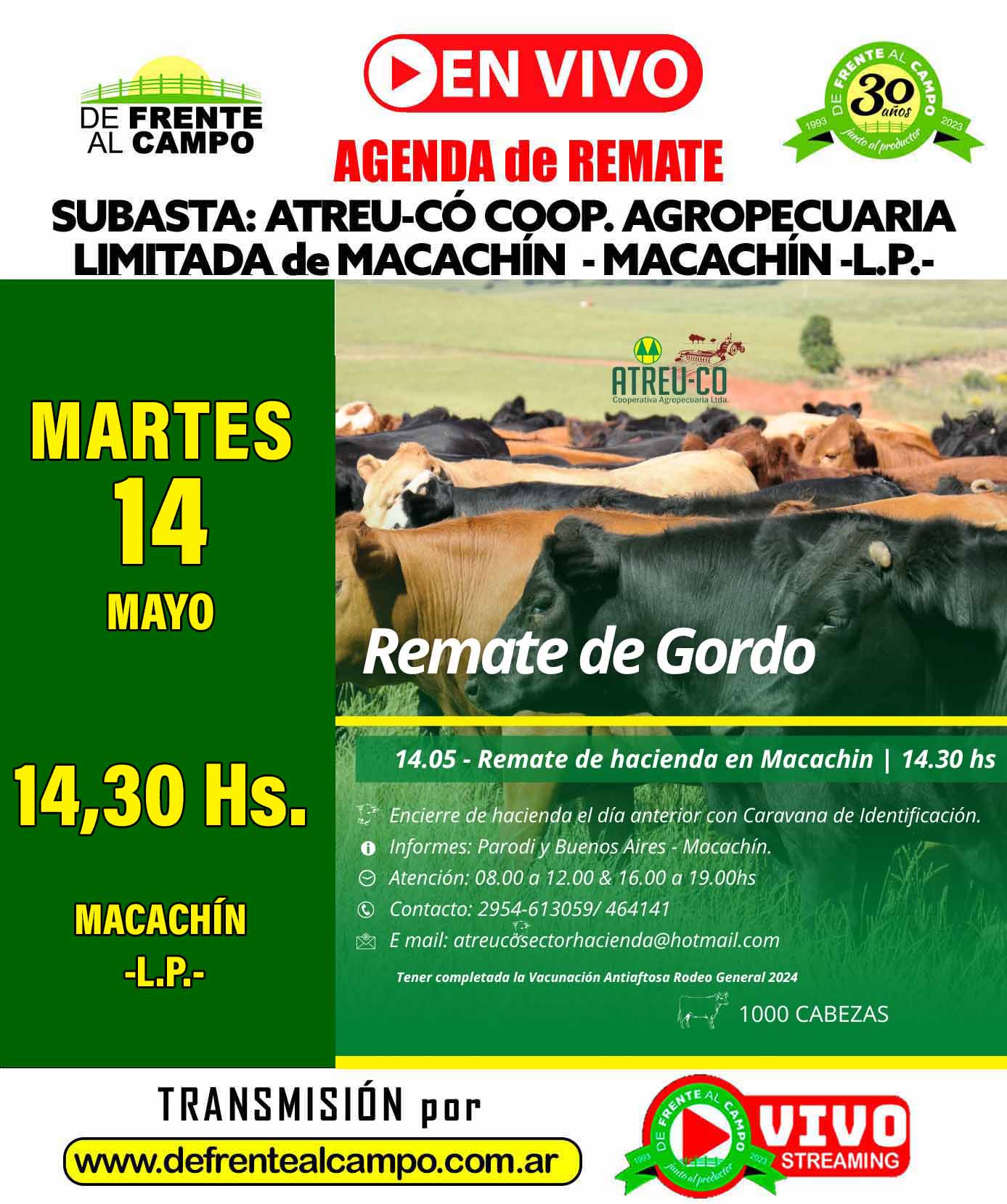 ATREU-CO | Macachín – La Pampa | Próximo Remate Feria el martes 14 de mayo del 2024