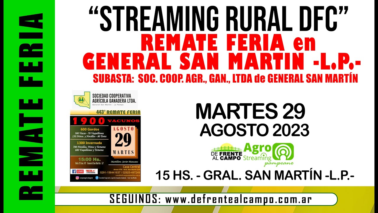 REMATE de Sociedad Coop. Agrícola, Ganadera, Ltda. de Gral. san Martín -Martes 29/Ag./2023 –