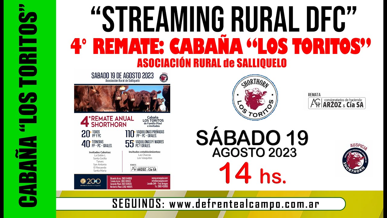 En Directo: 4° Remate de CABAÑA «LOS TORITOS» – Sáb. 19/Agosto – Salliquelo –