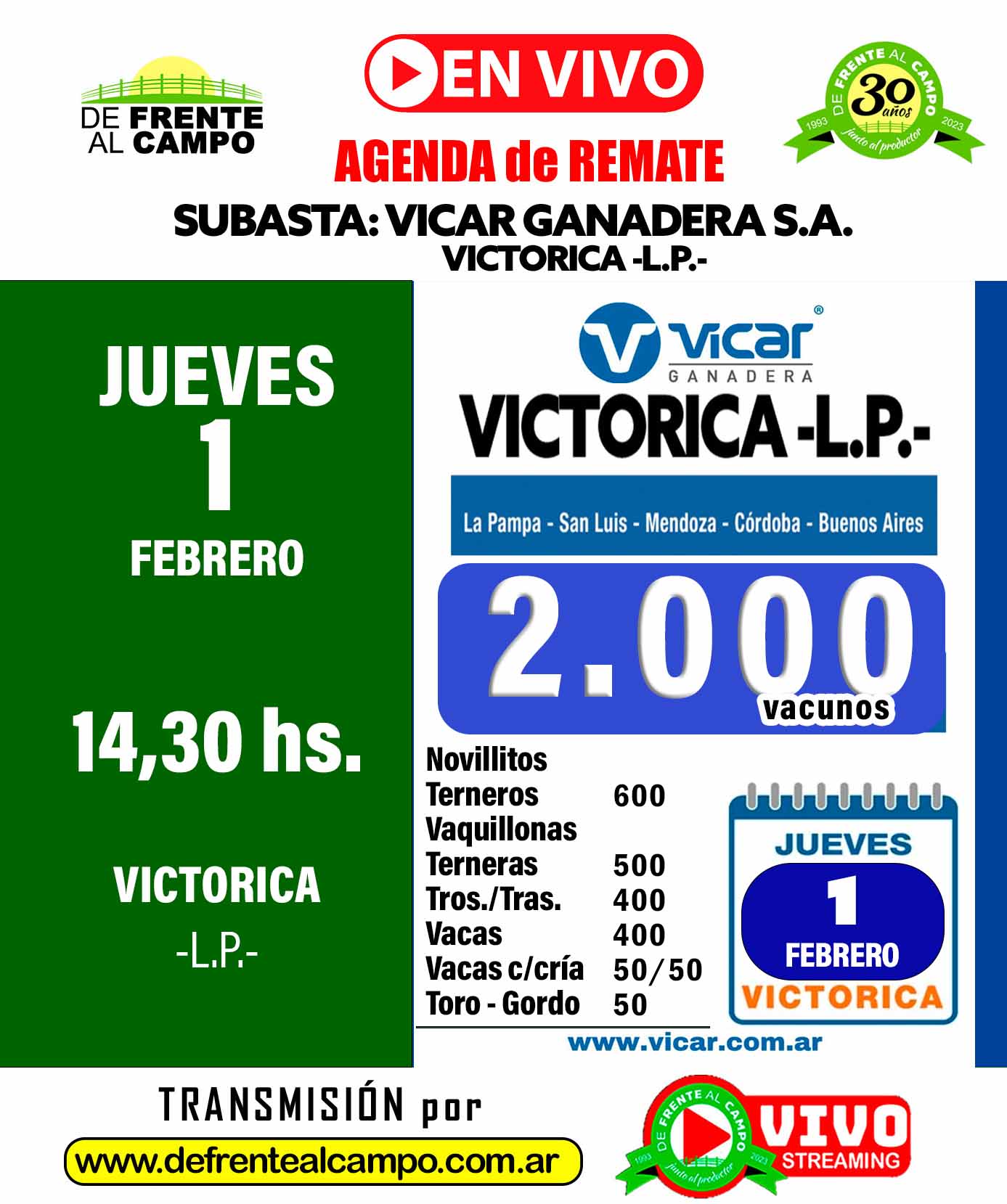 Remate Feria de Vicar Ganadera S.A. – Victorica -L.P. |  01-02-2024