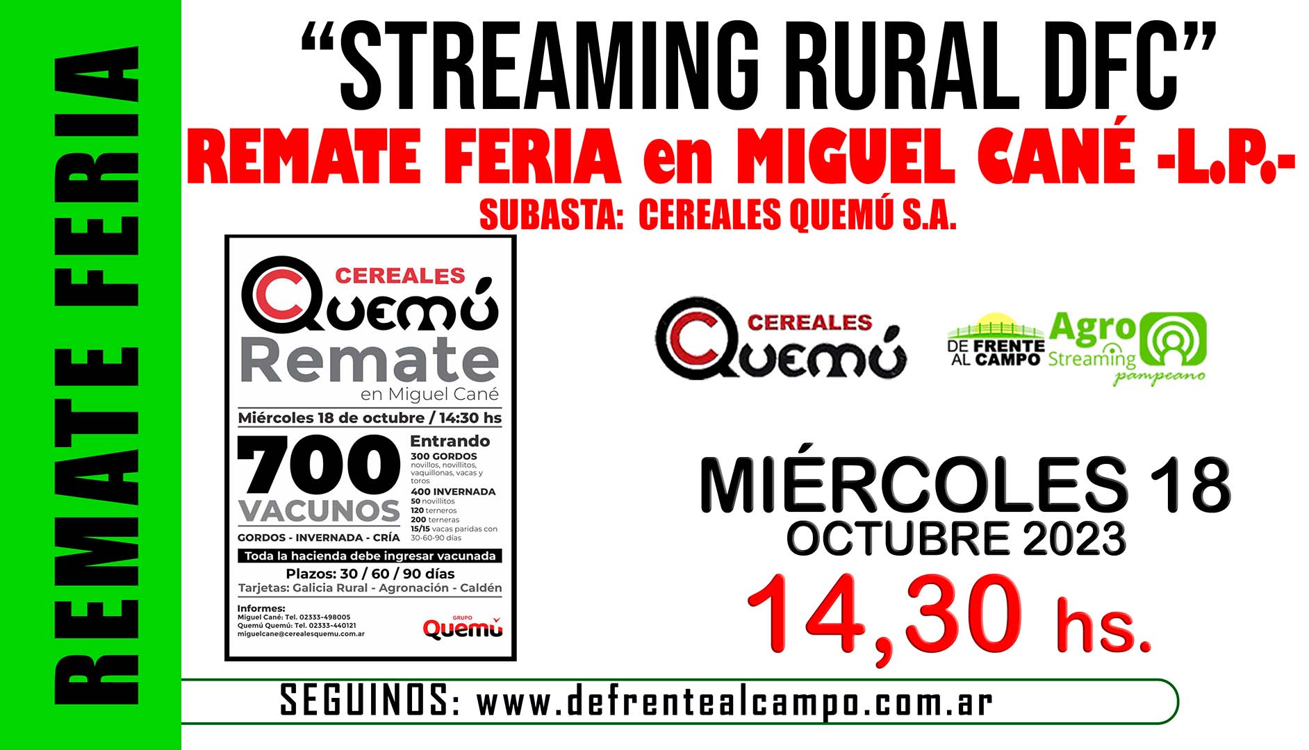 Remate Feria de Cereales Quemu S.A. – Miguel Cané -L.P. | 18-10-2023