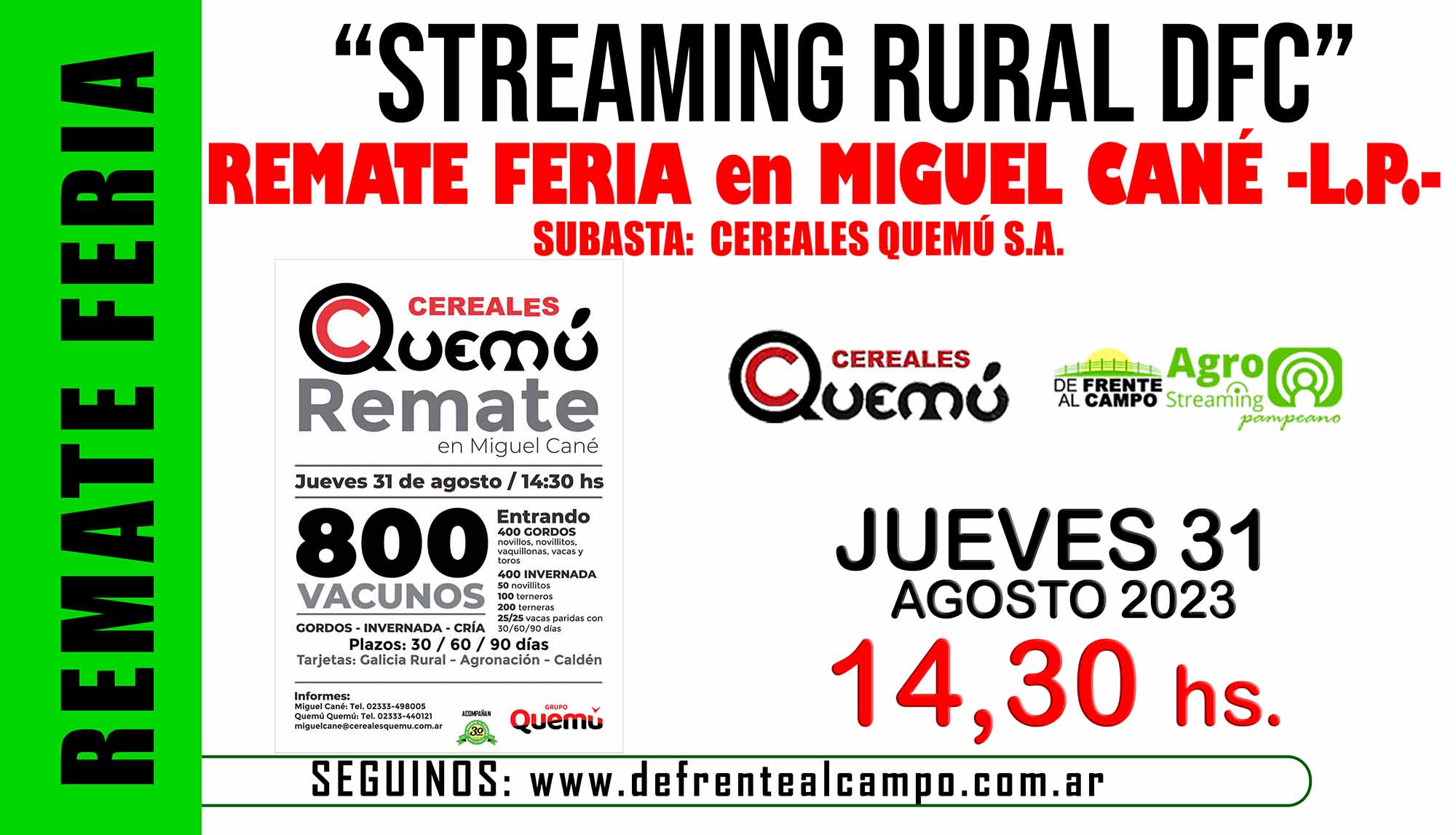 Remate Feria de Cereales Quemu S.A. – Miguel Cané -L.P. | 31-08-2023