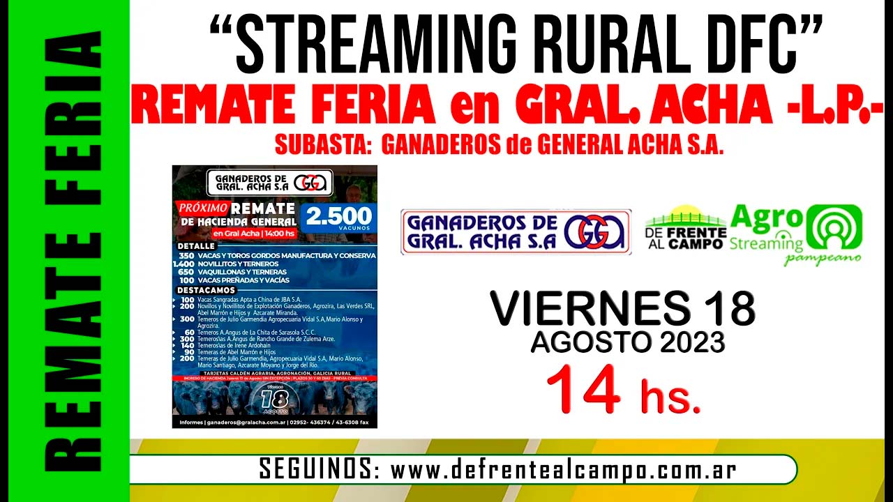 Remate Feria de Ganaderos de General Acha S.A. – Gral. Acha L.P. | 18-08-2023