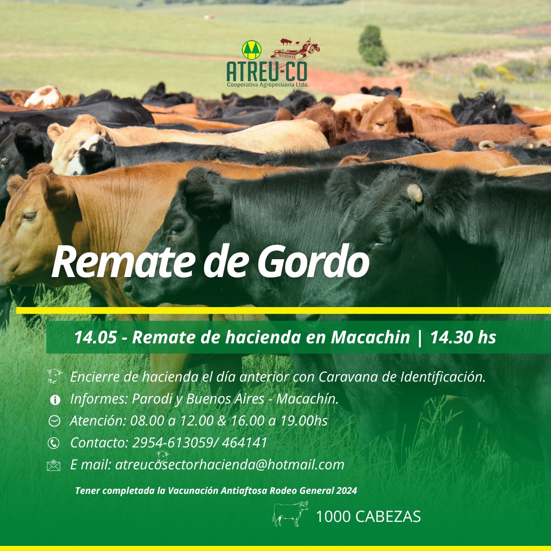 ATREU-CO | Macachín – La Pampa | Próximo Remate Feria el martes 14 de mayo del 2024
