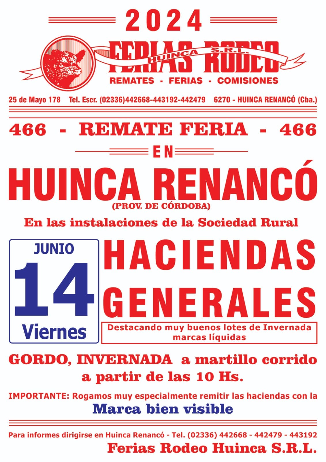 Ferias Rodeo Huinca S.R.L. | Huinca Renancó – Cordoba | Próximo Remate Feria el viernes 14 de junio 2024