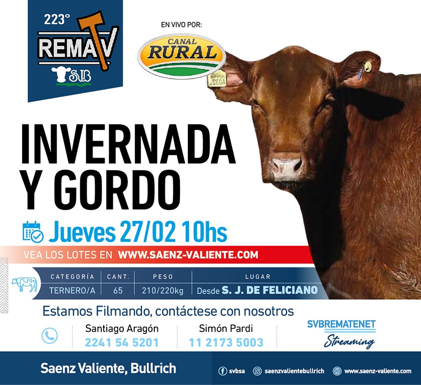 Saenz Valiente, Bullrich y Cia. S.A. | S. J. de Feliciano | Próximo Remate Feria el jueves 27 febrero 2025
