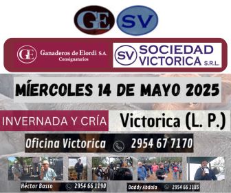 Ganaderos de Elordi S.A. y Sociedad Victorica S.R.L. | Victorica, La Pampa | Próximo Remate Feria el miércoles 14 de mayo de 2025