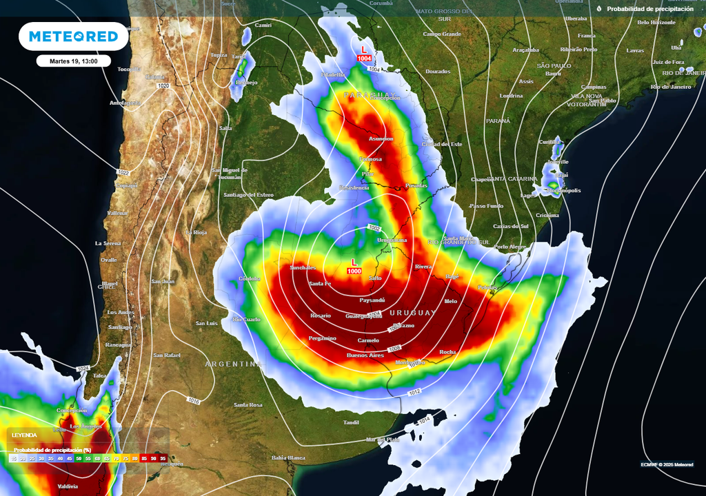 Ciclogénesis en Argentina: lluvias de hasta 100 mm entre el martes 19 y miércoles 20
