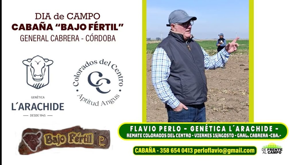 Flavio Perlo señala a un toro Angus Colorado durante la recorrida por la cabaña en General Cabrera