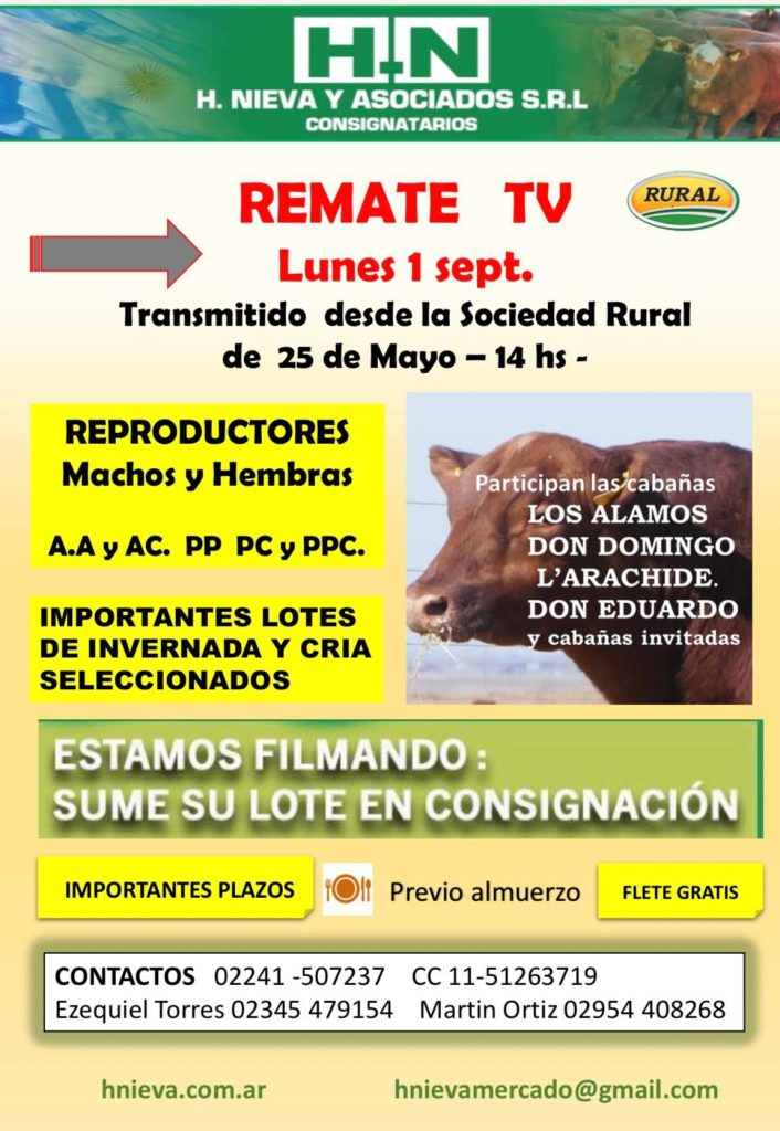 Remate feria 25 de Mayo con H. Nieva y Asociados S.R.L en septiembre 2025