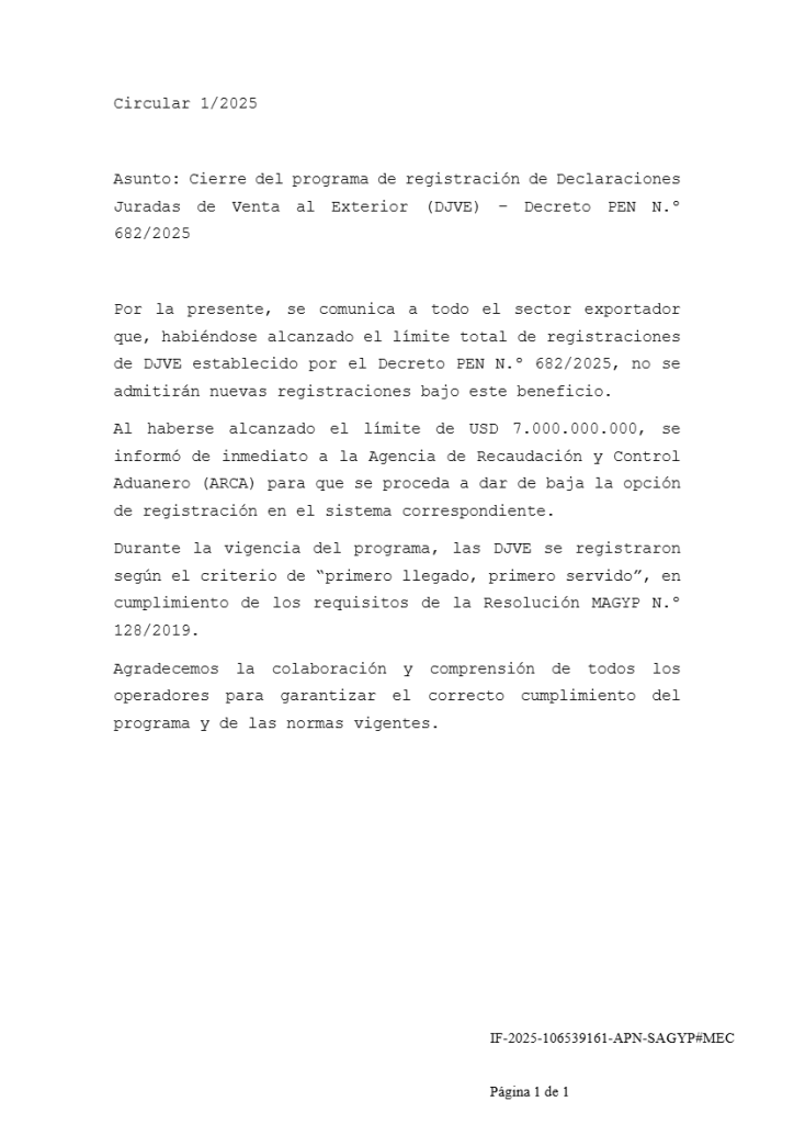 Circular oficial 1/2025 sobre cierre del registro DJVE; menciona el Decreto PEN N.º 682/2025 y límite alcanzado.