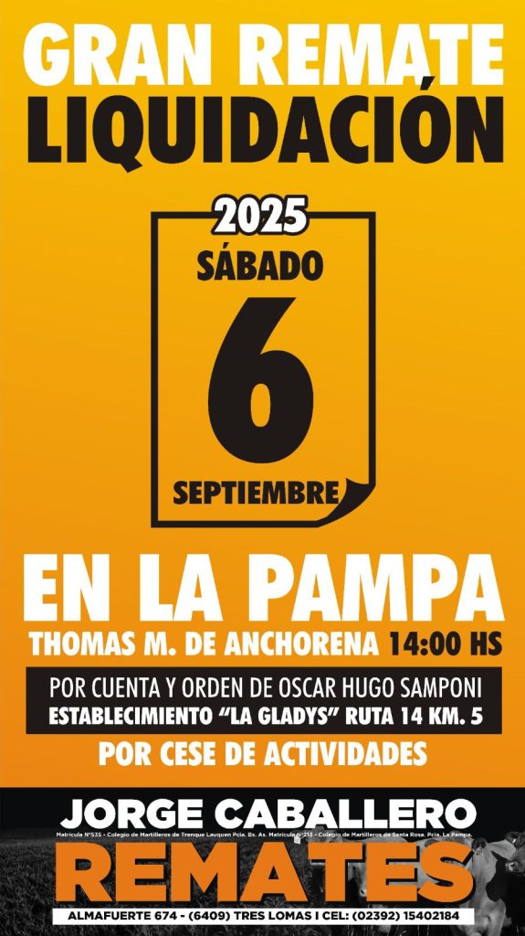 Remate feria Jorge Caballero en Thomas Anchorena La Pampa el 6 septiembre 2025