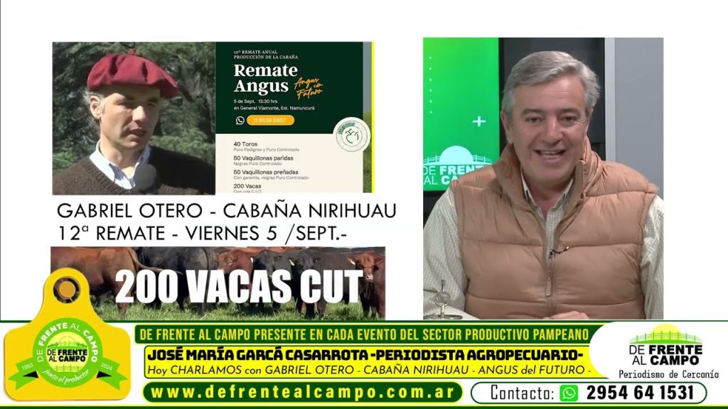Gabriel Otero de Cabaña Nirihuau en entrevista, presentando el remate con un cartel informativo que enfatiza la venta de 200 vacas con cría C.U.T.