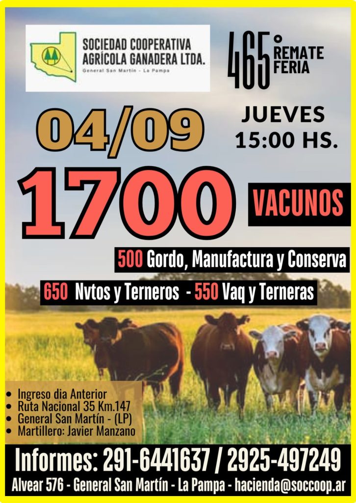 Remate feria Sociedad Cooperativa Agrícola Ganadera en General San Martín con 1700 vacunos el 4 septiembre 2025
