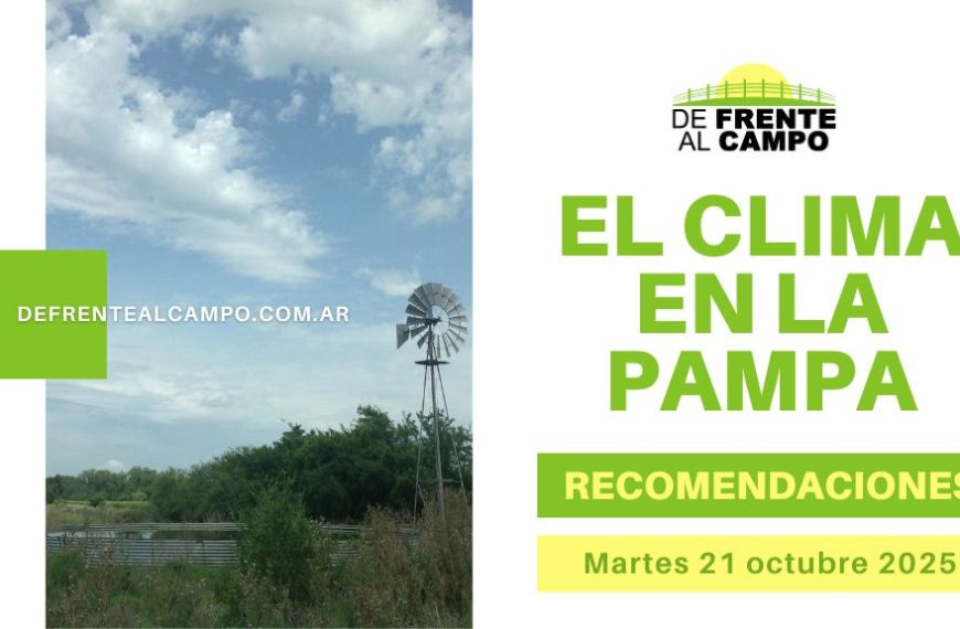 Cartel “El clima en La Pampa” y paisaje rural con molino y cielo nublado — pronóstico del tiempo La Pampa hoy.