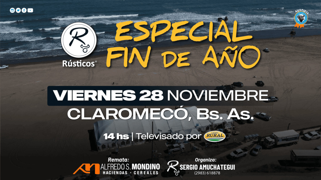 Remate feria Alfredo S. Mondino en Claromecó, Buenos Aires el 28 de noviembre de 2025, televisado por Canal Rural.