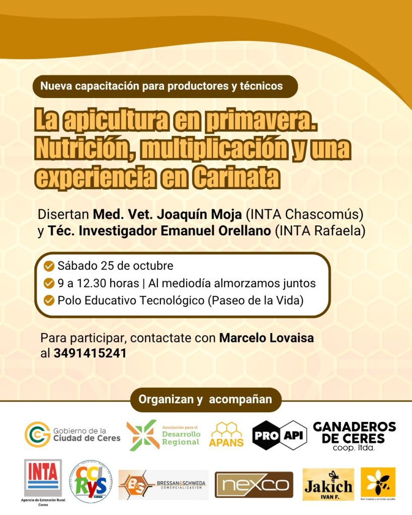 Flyer del taller “La apicultura en primavera” con fecha 25/10, disertantes INTA y datos de contacto.