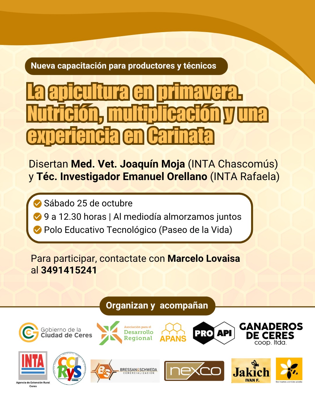 Flyer del taller “La apicultura en primavera” con fecha 25/10, disertantes INTA y datos de contacto.
