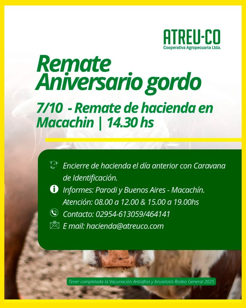 Remate feria ATREU-CO en Macachín el 7 de octubre de 2025 con hacienda gorda y encierre previo