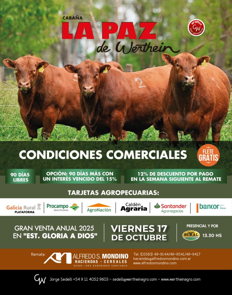 Condiciones remate Cabaña La Paz Batavia 17/10/2025: 90 días libres, 12% descuento pago contado, flete gratis, tarjetas agropecuarias
