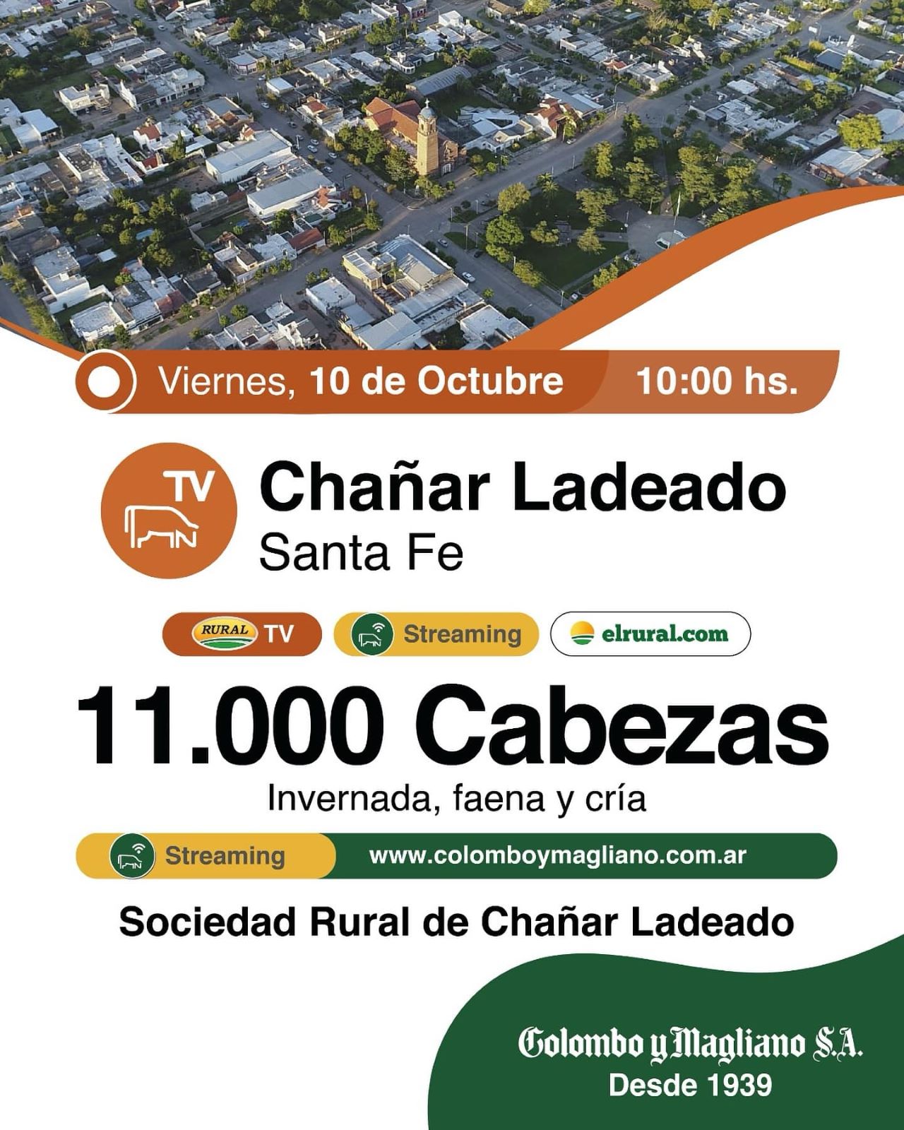 Remate feria Colombo y Magliano en Chañar Ladeado Santa Fe con 11.000 cabezas el 10 de octubre de 2025.