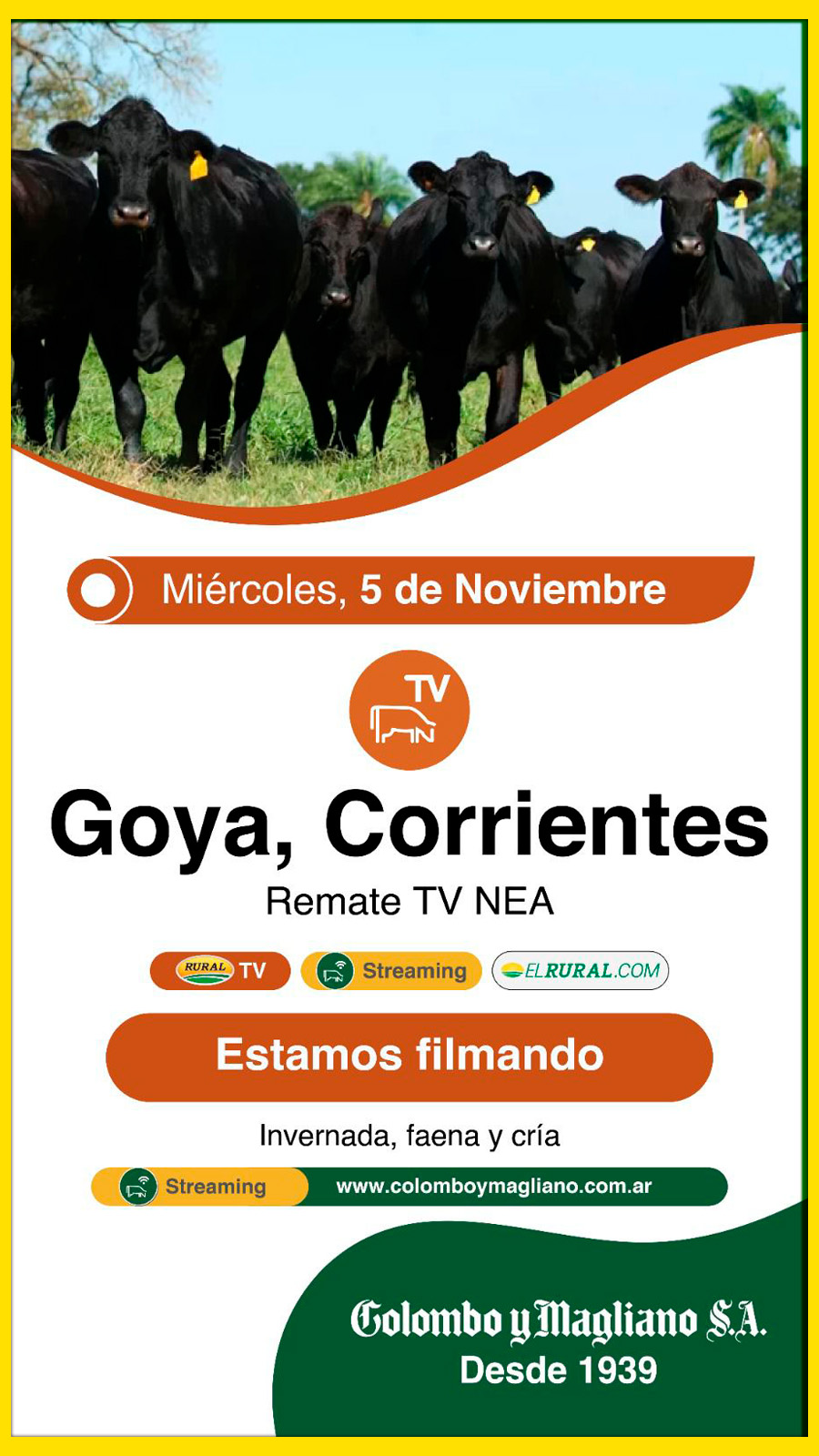 Remate feria Colombo y Magliano en Goya Corrientes el 5 de noviembre 2025 por TV y streaming.