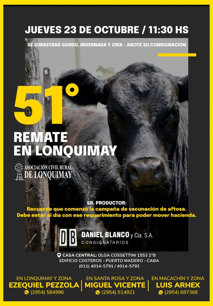 Cartel del 51° remate feria de Daniel Blanco y Cía. S.A. en Lonquimay, La Pampa, el 23 de octubre de 2025.