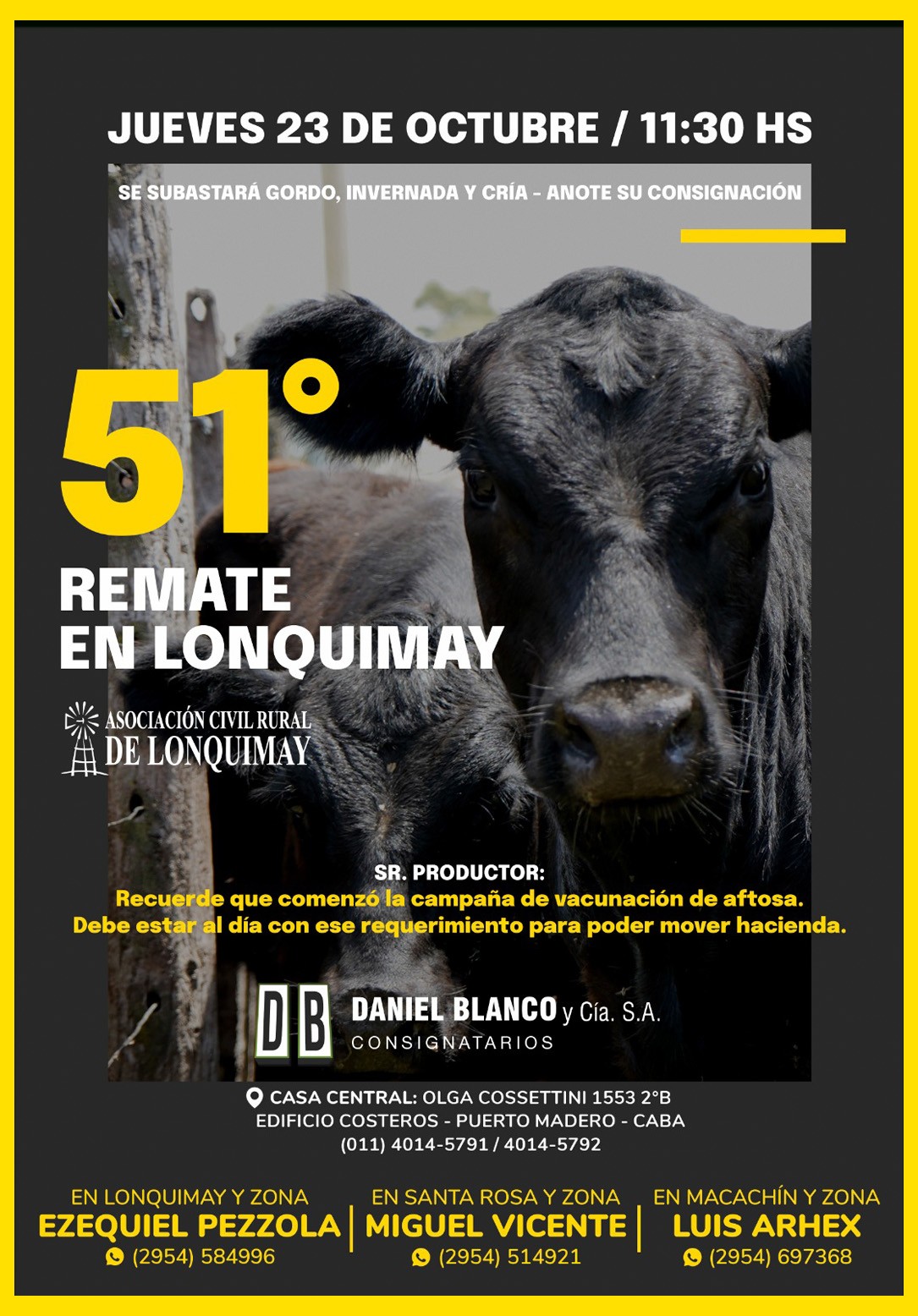 Cartel del 51° remate feria de Daniel Blanco y Cía. S.A. en Lonquimay, La Pampa, el 23 de octubre de 2025.