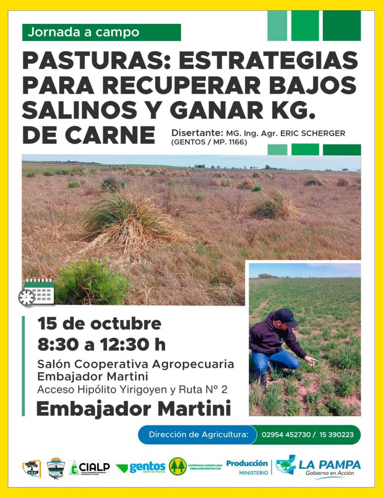 Flyer del evento sobre pasturas y estrategias para recuperar bajos salinos en Embajador Martini, La Pampa.