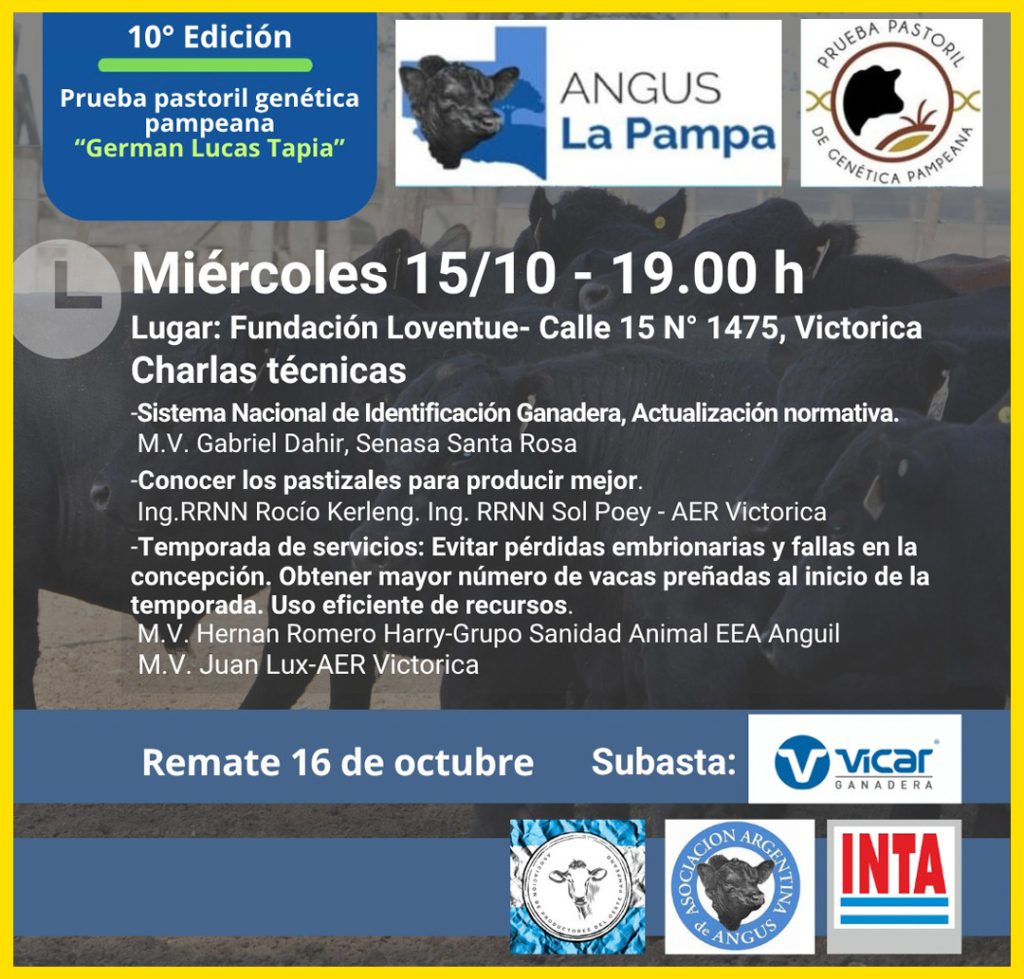 Flyer de la 10ª Prueba Pastoril Genética Pampeana “Germán Lucas Tapia”: 15/10 19h en Fundación Loventué, Victorica; logos ANGUS, INTA.