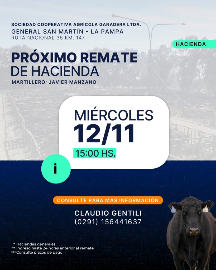 Remate feria coop sanmartin 12-11-2025: próximo remate de hacienda en General San Martín, La Pampa, miércoles 12/11 a las 15:00 hs.