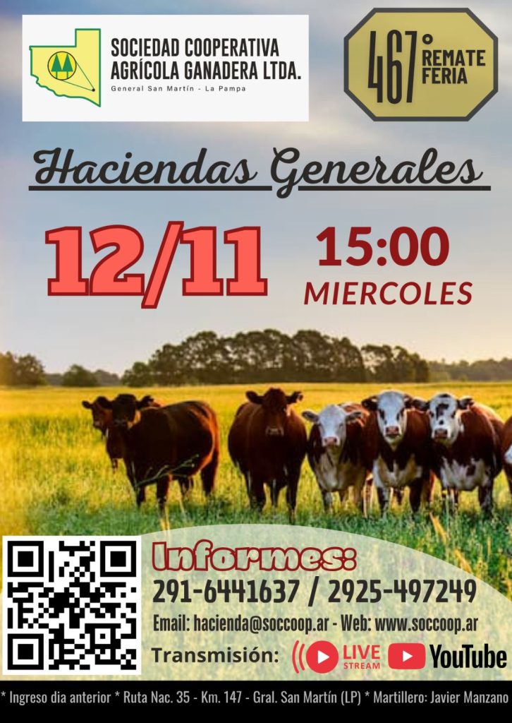 Remate feria Sociedad Cooperativa Agrícola Ganadera en General San Martín el 12 de noviembre de 2025.