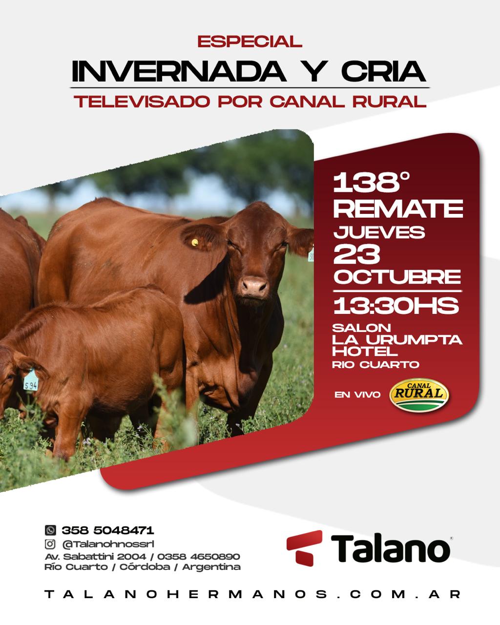remate feria talano rio — 138° Remate Invernada y Cría, 23 octubre 2025, Río Cuarto, transmisión por Canal Rural