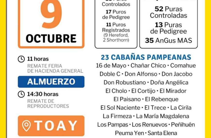 Remate feria Vicar en Toay el 9 de octubre 2025 con reproductores de cabañas pampeanas.