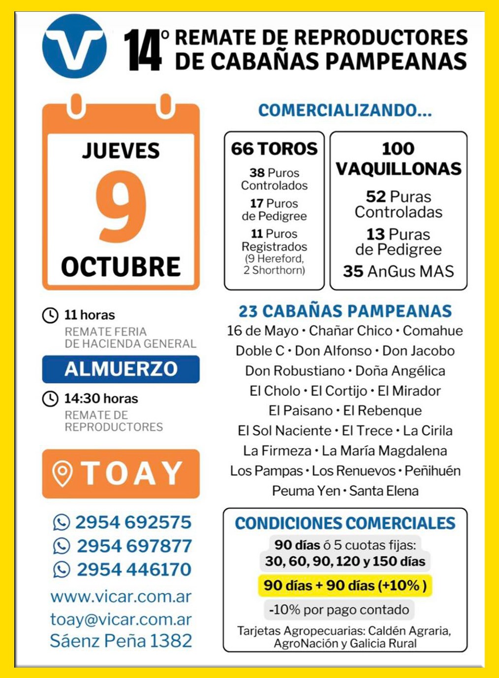 Remate feria Vicar en Toay el 9 de octubre 2025 con reproductores de cabañas pampeanas.