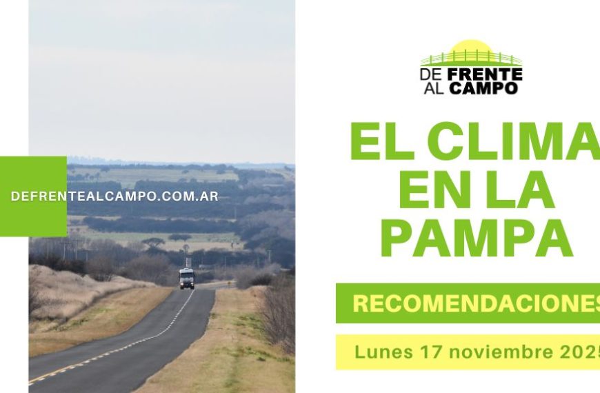 Cartel "El clima en La Pampa" sobre paisaje rural: pronóstico del tiempo La Pampa hoy, 19/11/2025.