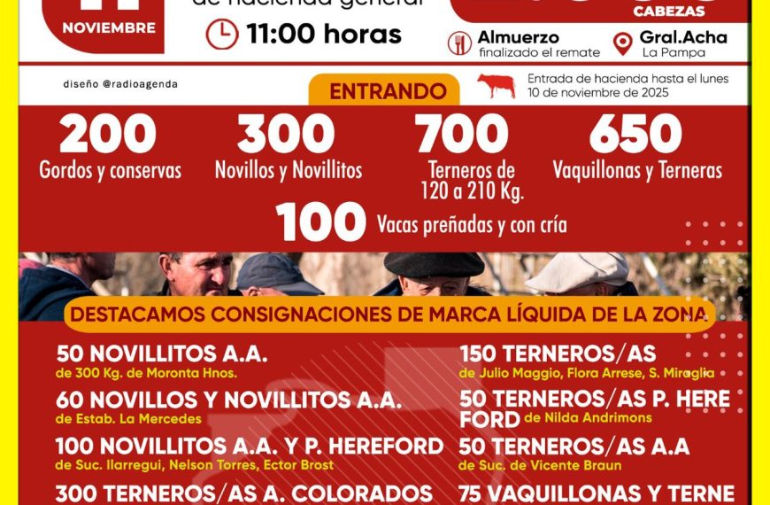 Remate feria Ganadera Pampeana en General Acha con 2000 cabezas el 11 de noviembre de 2025.