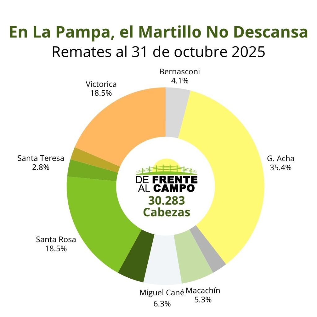 Remates de hacienda en La Pampa octubre 2025 — distribución por localidad, General Acha 35,4%