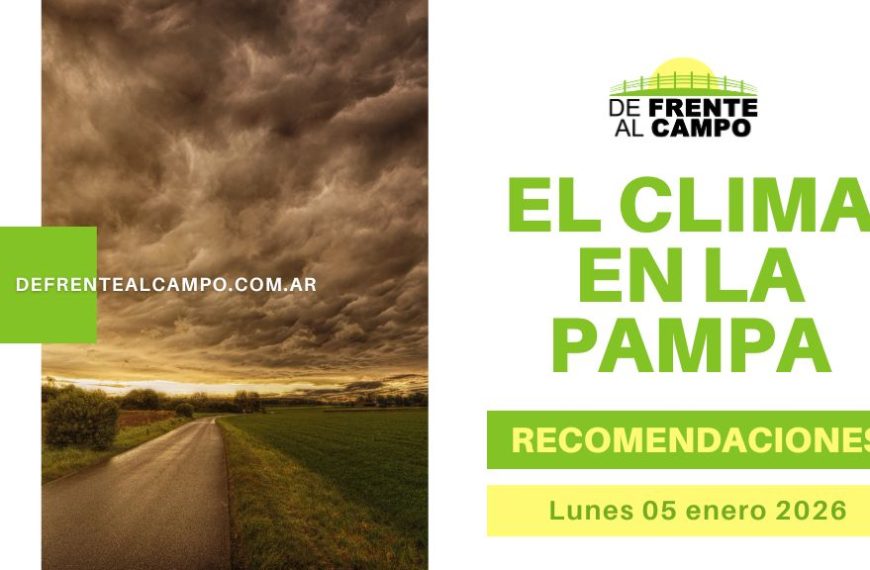 Pronóstico del tiempo La Pampa hoy con cielo amenazante sobre ruta rural, paisaje pampeano y advertencia climática para el lunes 05 de enero.