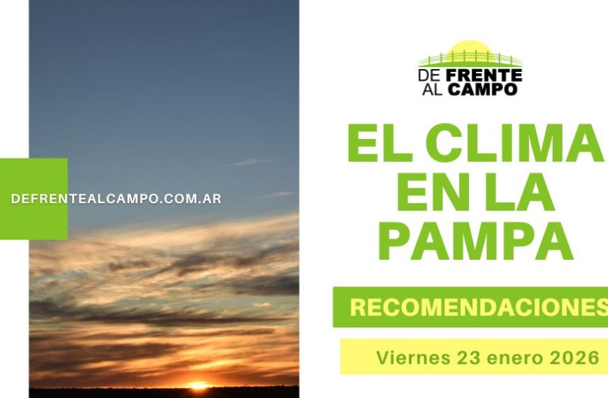 Pronóstico del tiempo La Pampa hoy con cielo al atardecer y gráfica informativa sobre el clima provincial del viernes 23 de enero de 2026.