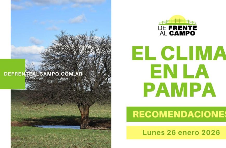 Pronóstico del tiempo La Pampa hoy con imagen rural y título “El clima en La Pampa” para recomendaciones del lunes 26 de enero de 2026.