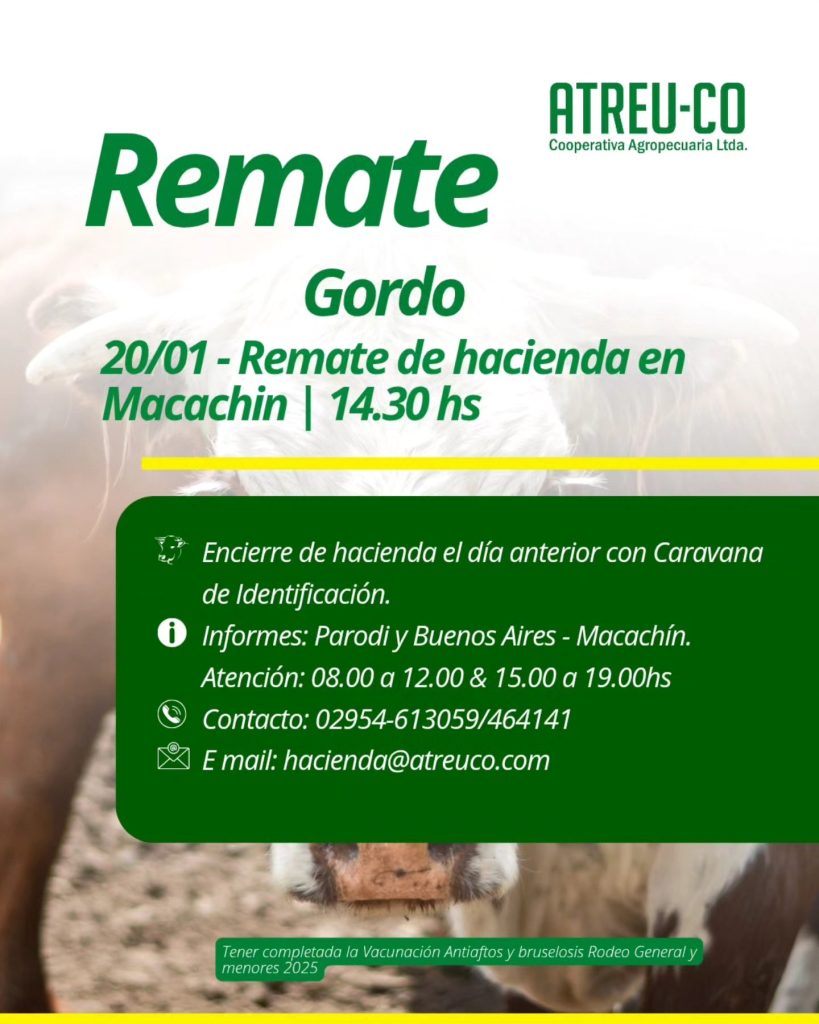 ATREU-CO realizará su próximo remate feria de hacienda gorda en Macachín el 20 de enero de 2026 desde las 14.30 hs.