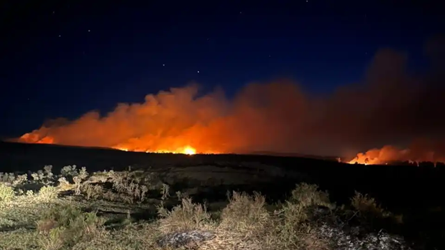 Incendios rurales en La Pampa durante la noche, con llamas activas y humo avanzando sobre campos afectados