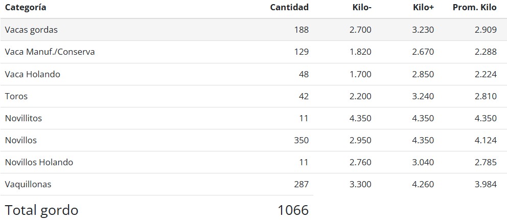 Tabla de precios del remate feria ATREUCO Macachín 20 enero 2026 con valores de vacas, novillos y vaquillonas de faena