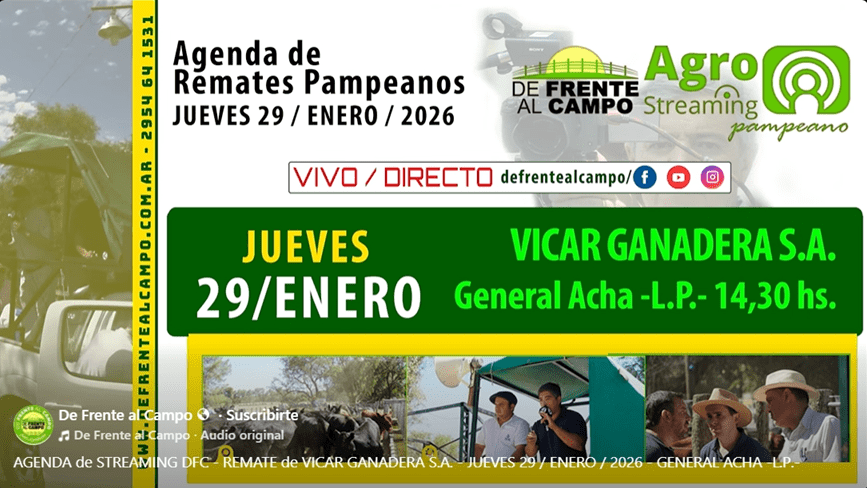 Remate feria de Vicar Ganadera S.A. en General Acha, La Pampa, jueves 29 de enero de 2026, con transmisión en vivo.