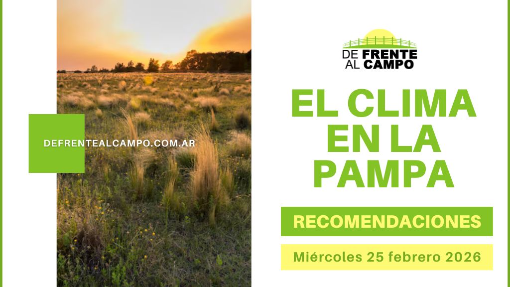 Pronóstico del tiempo en La Pampa con paisaje rural y anuncio del clima miércoles 25 febrero 2026
