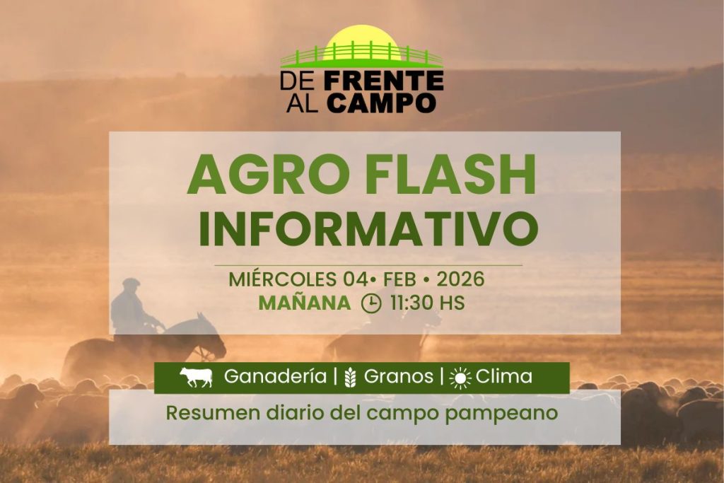 Agro Flash De Frente al Campo Mañana 11:30 hs con imagen rural pampeana y resumen informativo del sector agropecuario