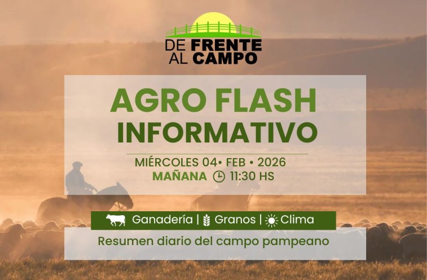 Agro Flash De Frente al Campo Mañana 11:30 hs con imagen rural pampeana y resumen informativo del sector agropecuario